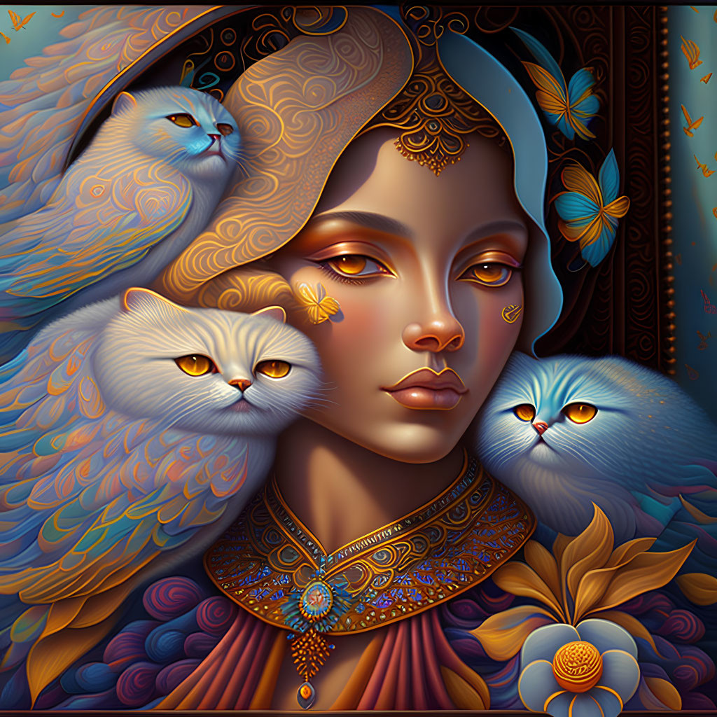 Stylized portrait of a woman with warm tones and cats, adorned with butterflies