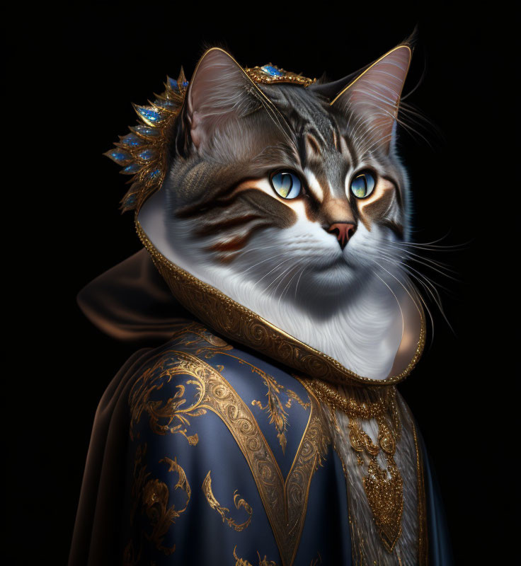 Majestic cat in blue and gold robe with ornate headdress