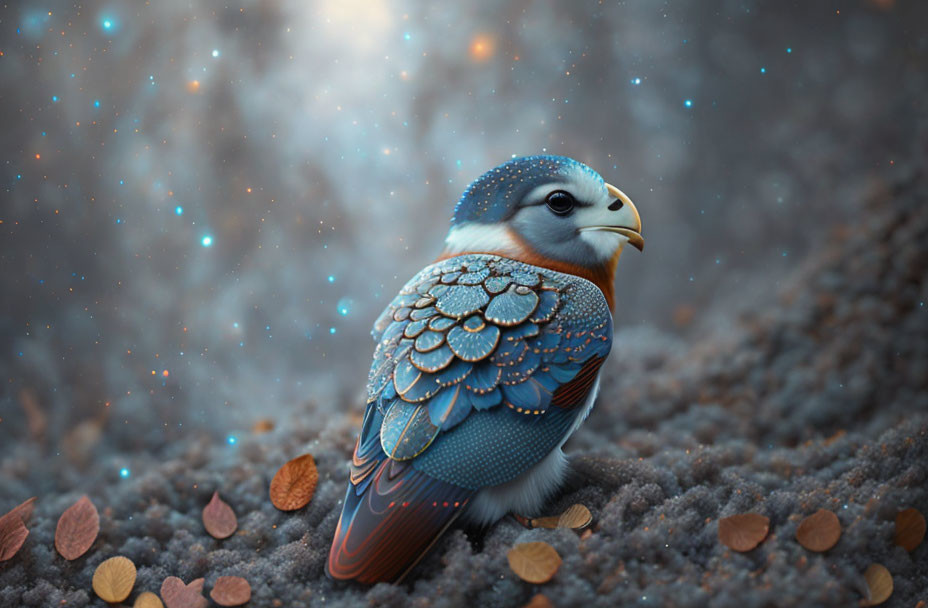 Blue bird with intricate patterns among leaves on speckled grey background.