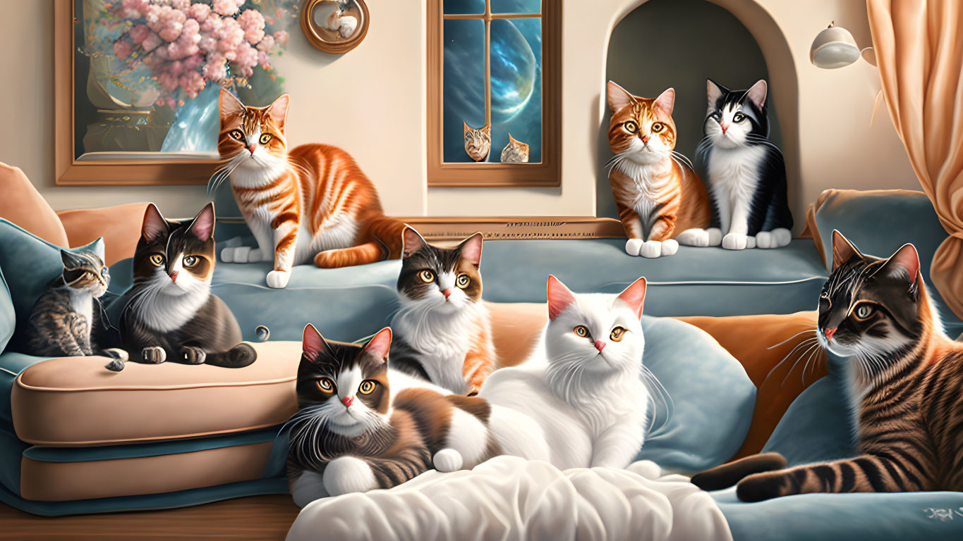 Warm and cozy room with multiple cats lounging on furniture in soft lighting