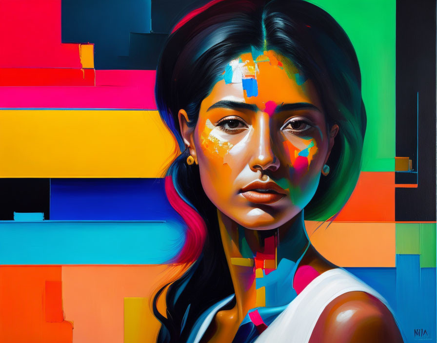 Colorful geometric shapes enhance woman's portrait.