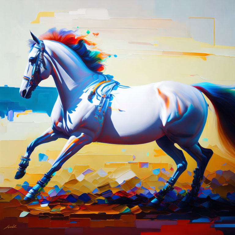 Colorful Abstract Painting of White Horse in Motion