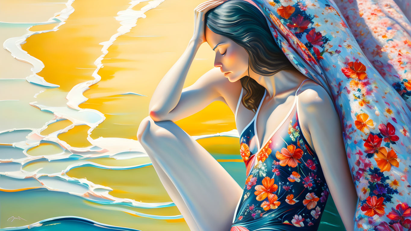 Stylized painting of pensive woman by serene shore