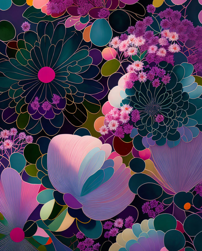 Colorful Abstract Flower Illustration in Purple, Pink, and Green