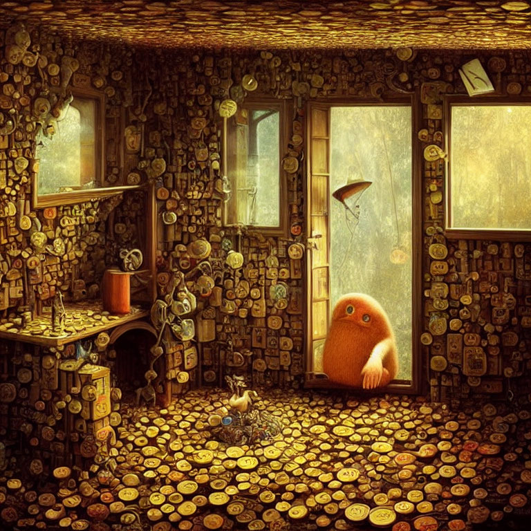 Room adorned with coin-covered walls and orange plush creature by table in sunlight.