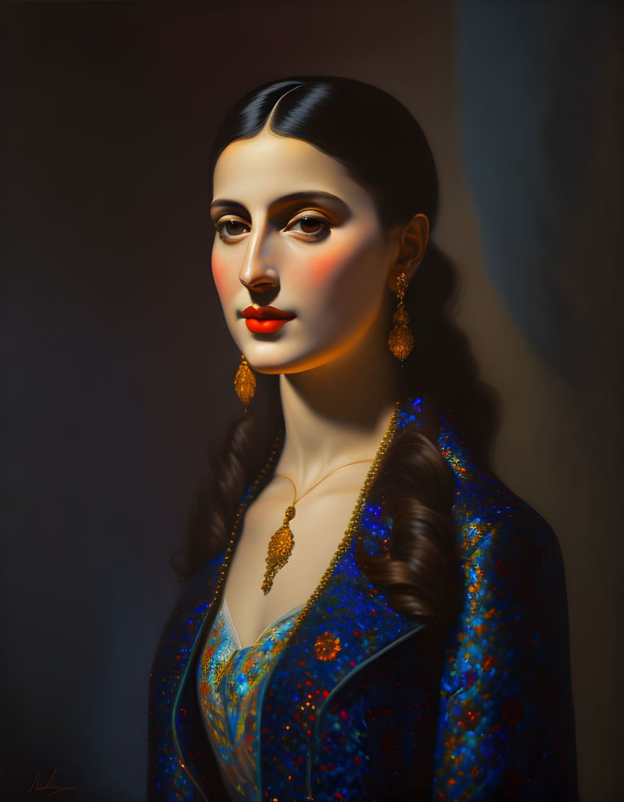 Portrait of woman with long dark hair, gold jewelry, blue attire & serene expression