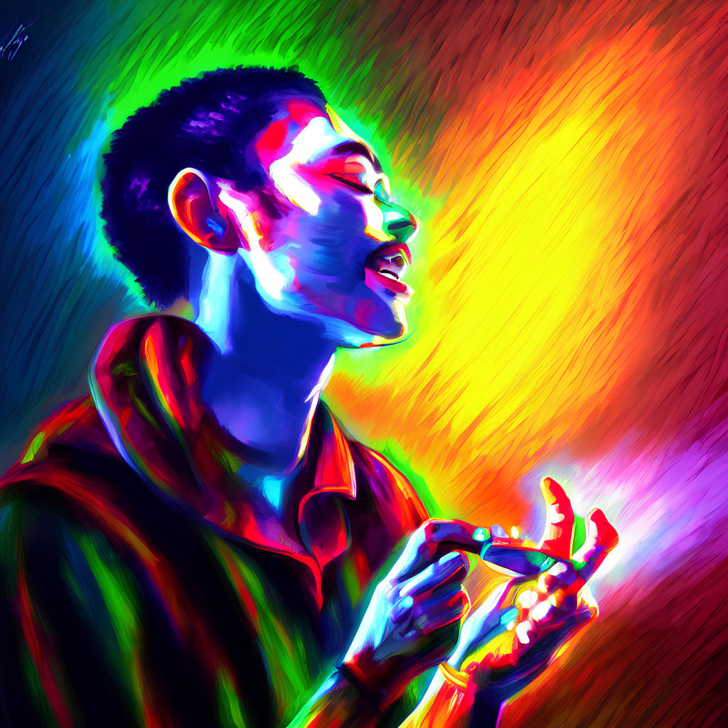 Colorful Digital Artwork: Person in Vibrant Lighting Showing Awe