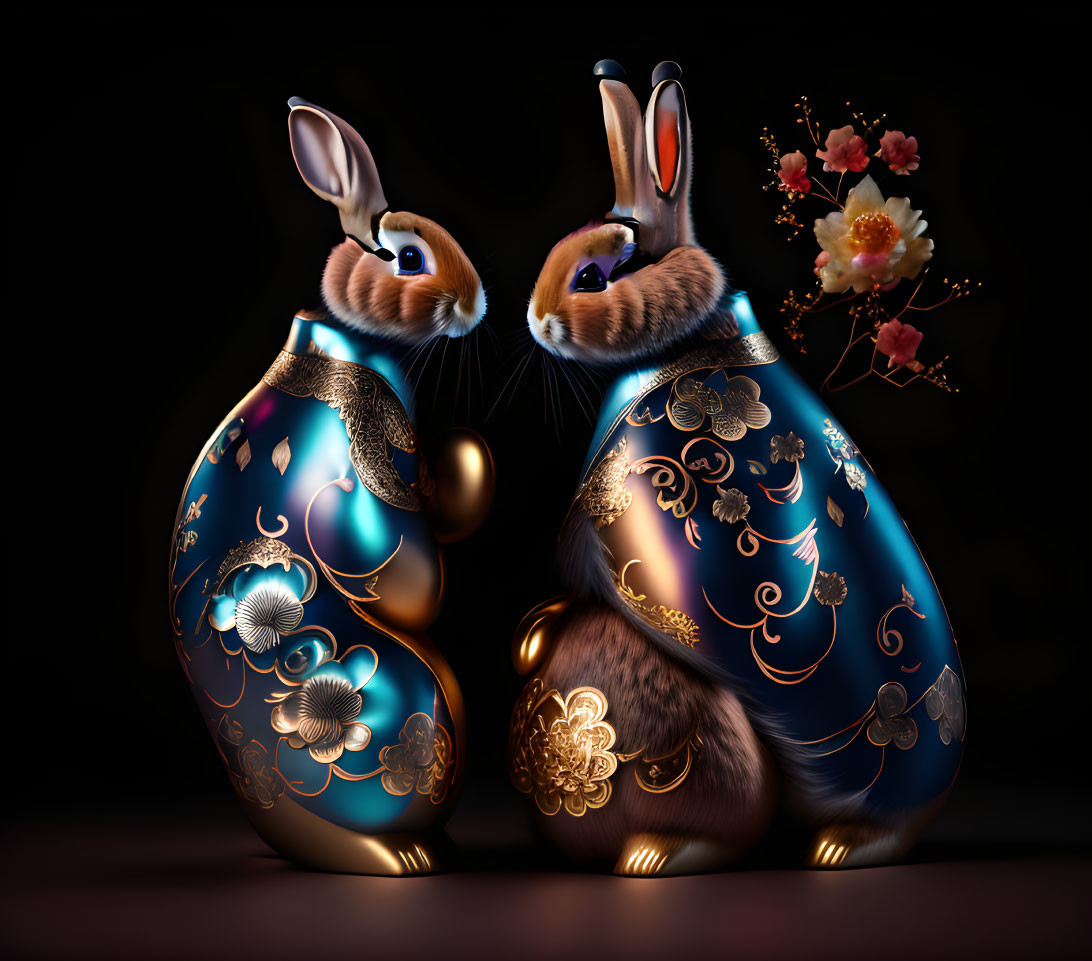 Ornate Rabbit-Shaped Figurines with Golden Floral Patterns on Blue Background