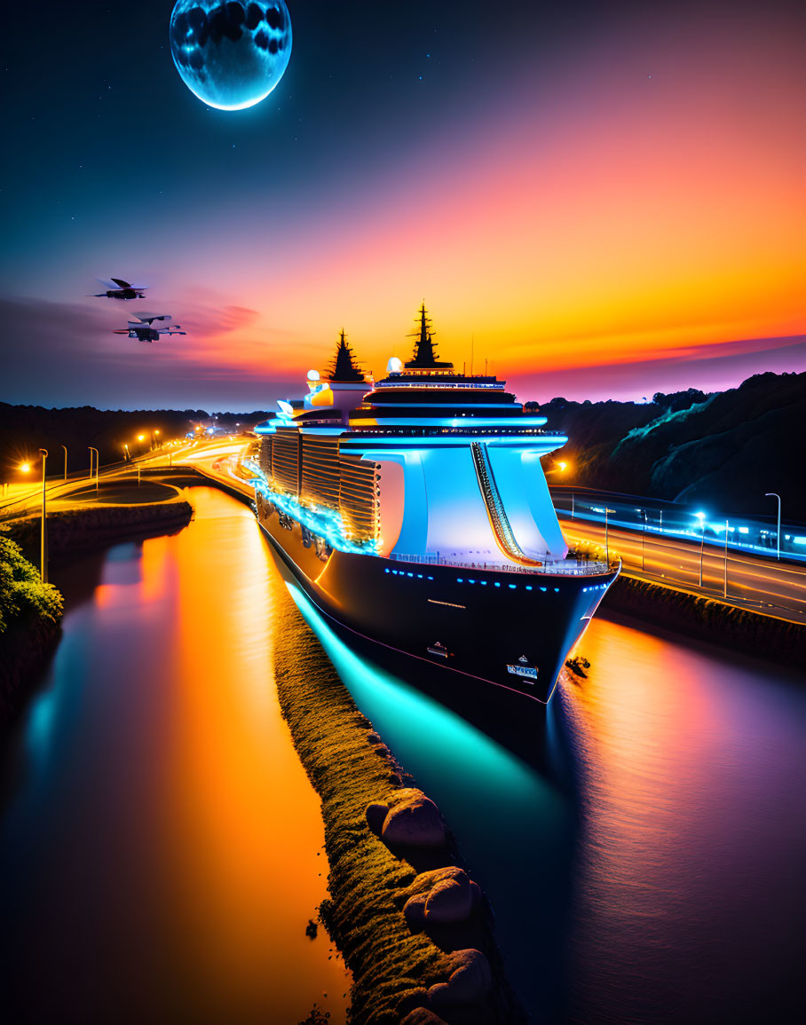 Digitally manipulated image: Large cruise ship at dusk with oversized moon