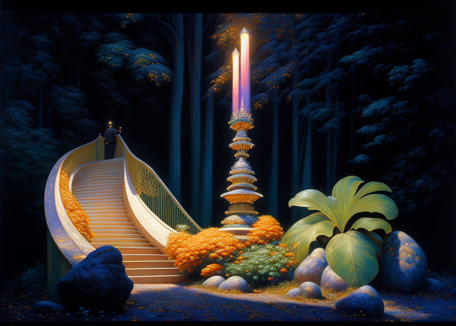 Glowing sword in forest clearing with grand staircase and colorful flora