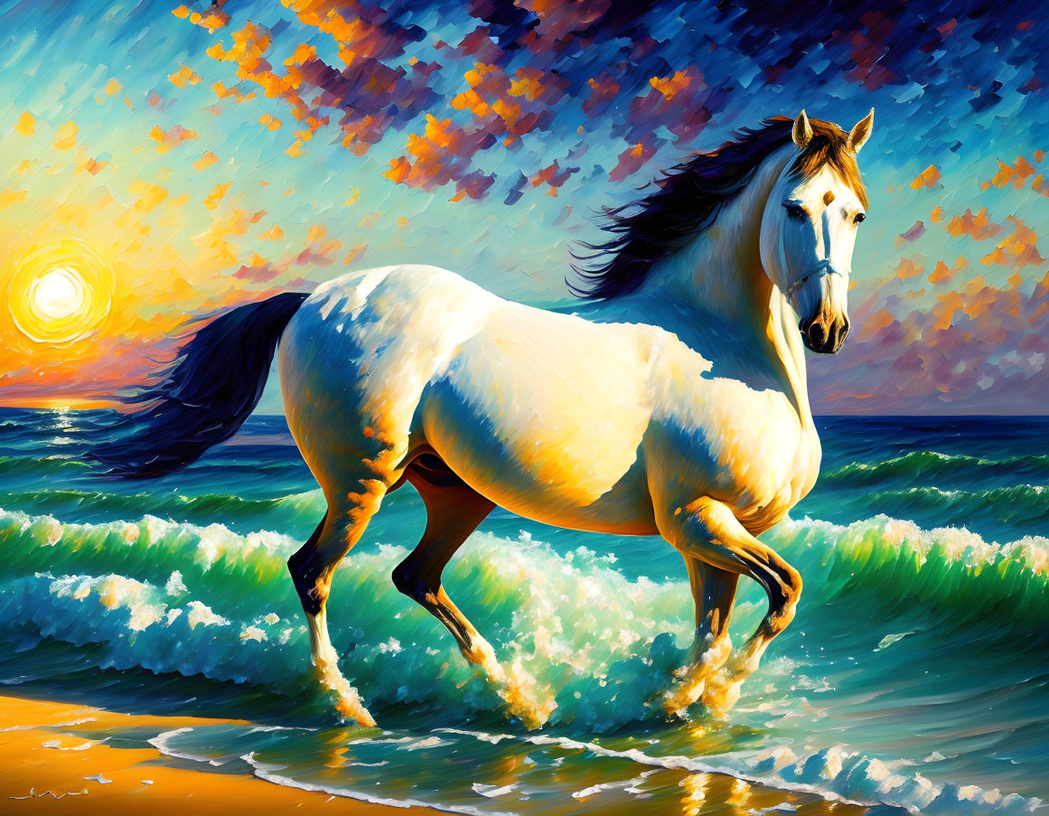 White Horse Galloping on Vibrant Beach at Sunset