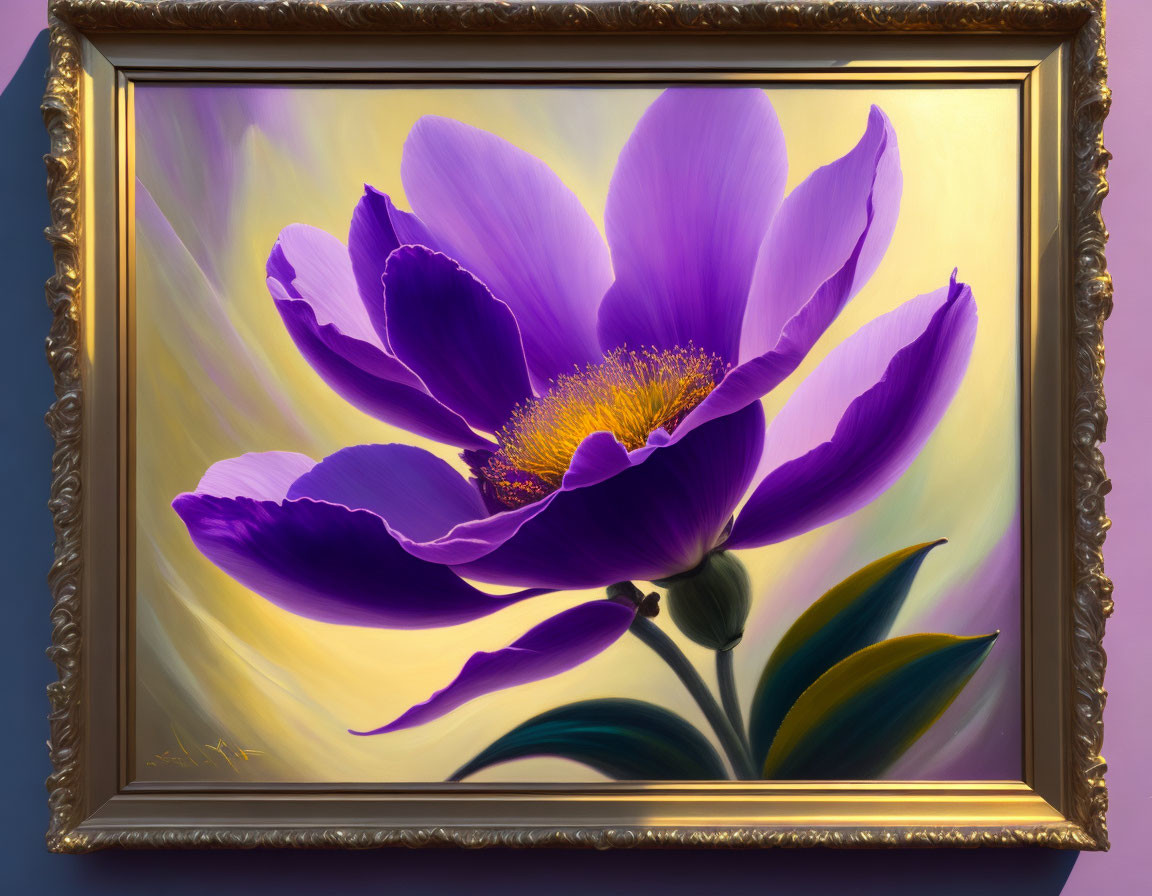 Radiant purple flower painting on golden background