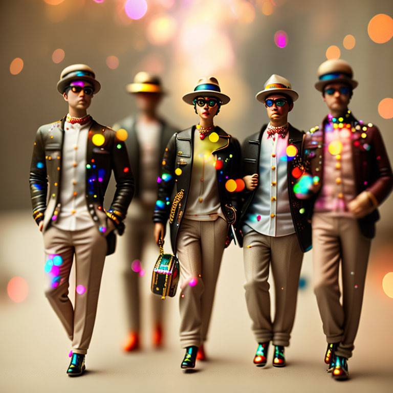 Stylized figures in fashionable attire against colorful bokeh lights