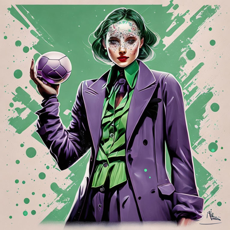 Illustration of person with green makeup, purple trench coat, and hexagonal ball