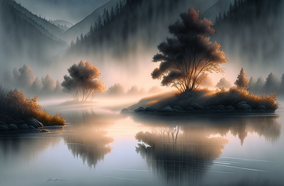 Misty landscape with trees reflecting in calm lake