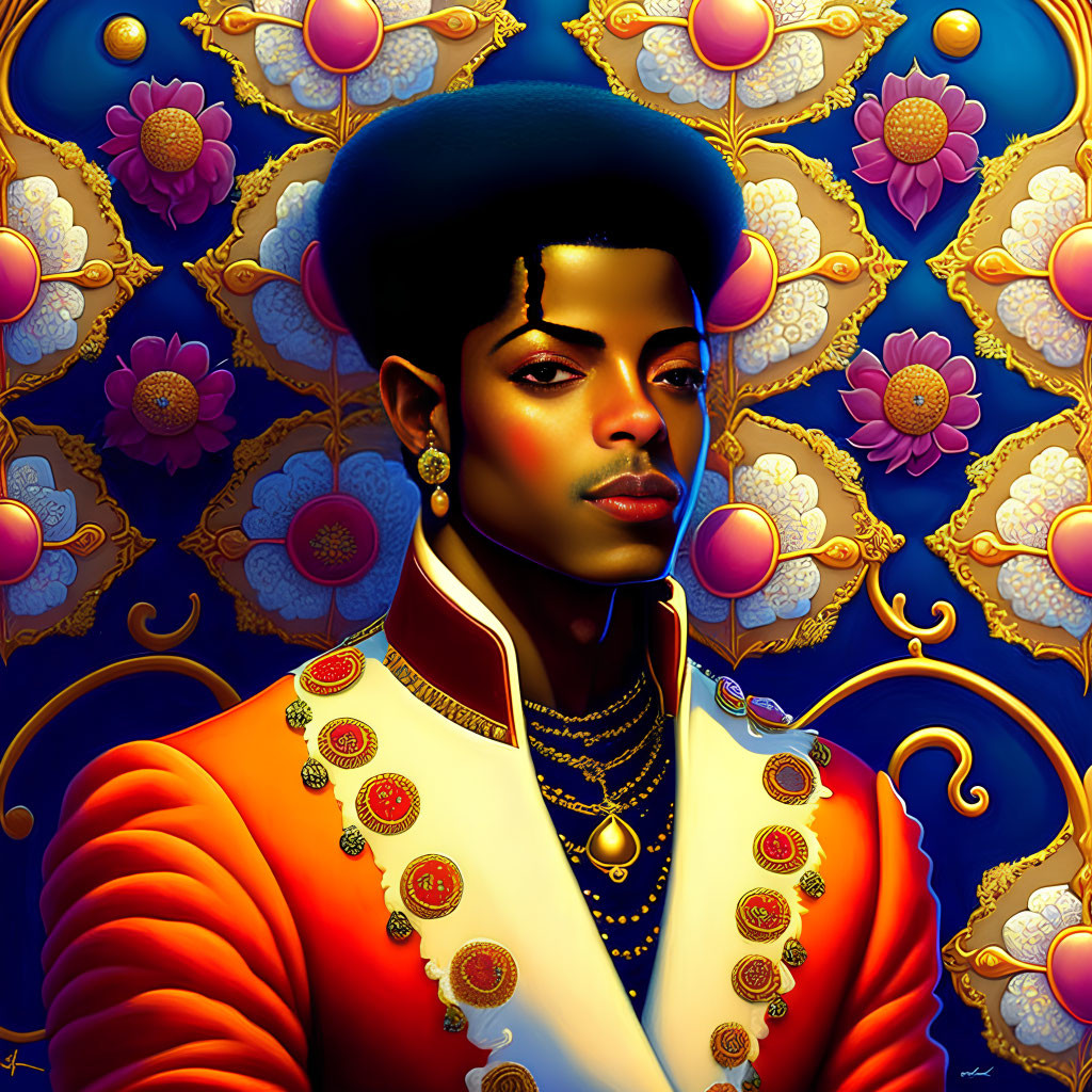 Stylized portrait of person with afro in blue hat and red uniform on golden floral background