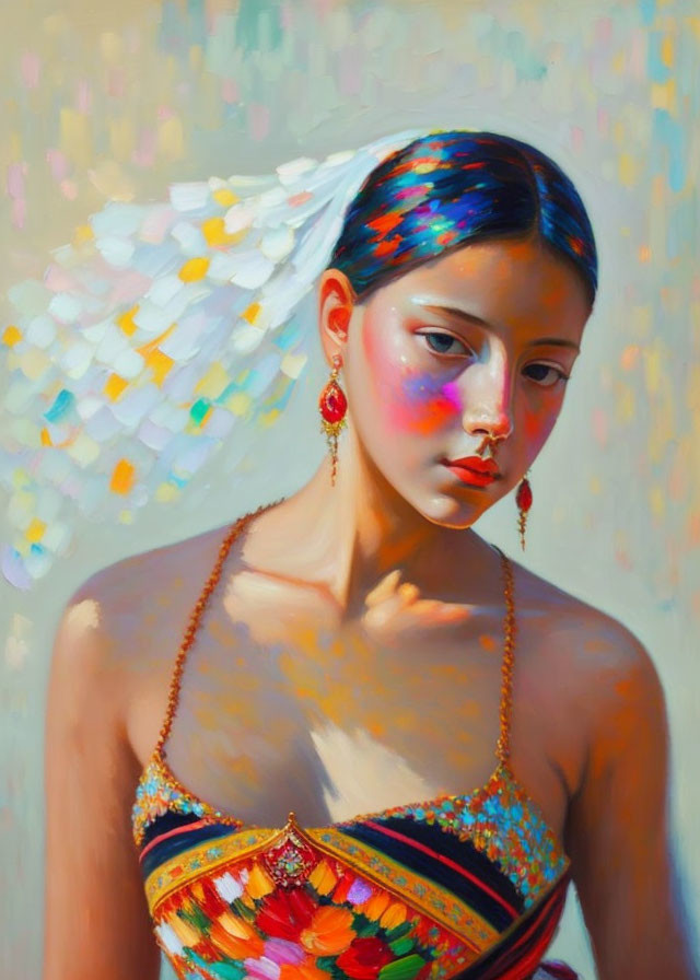 Woman portrait with white headpiece and colorful attire in warm tones.