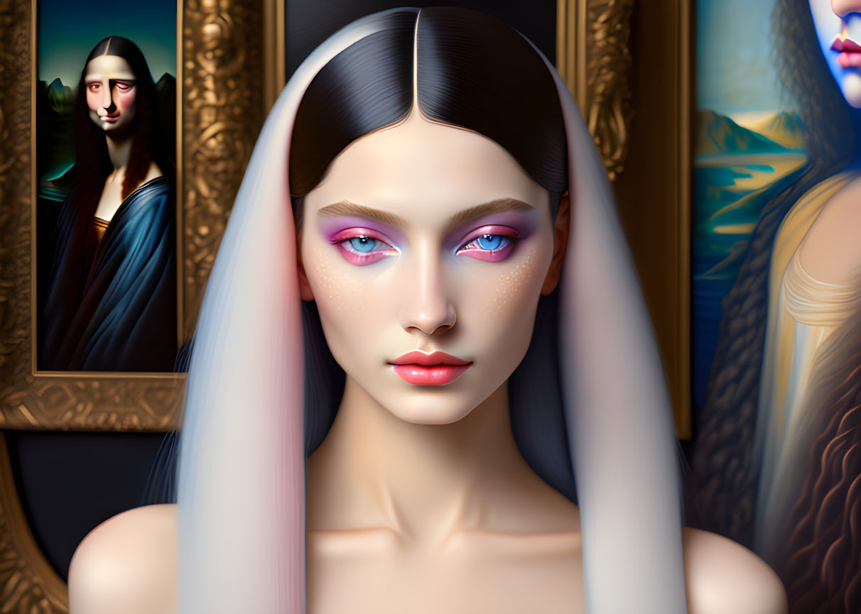 Digital artwork featuring woman with striking features and classical portrait-style paintings