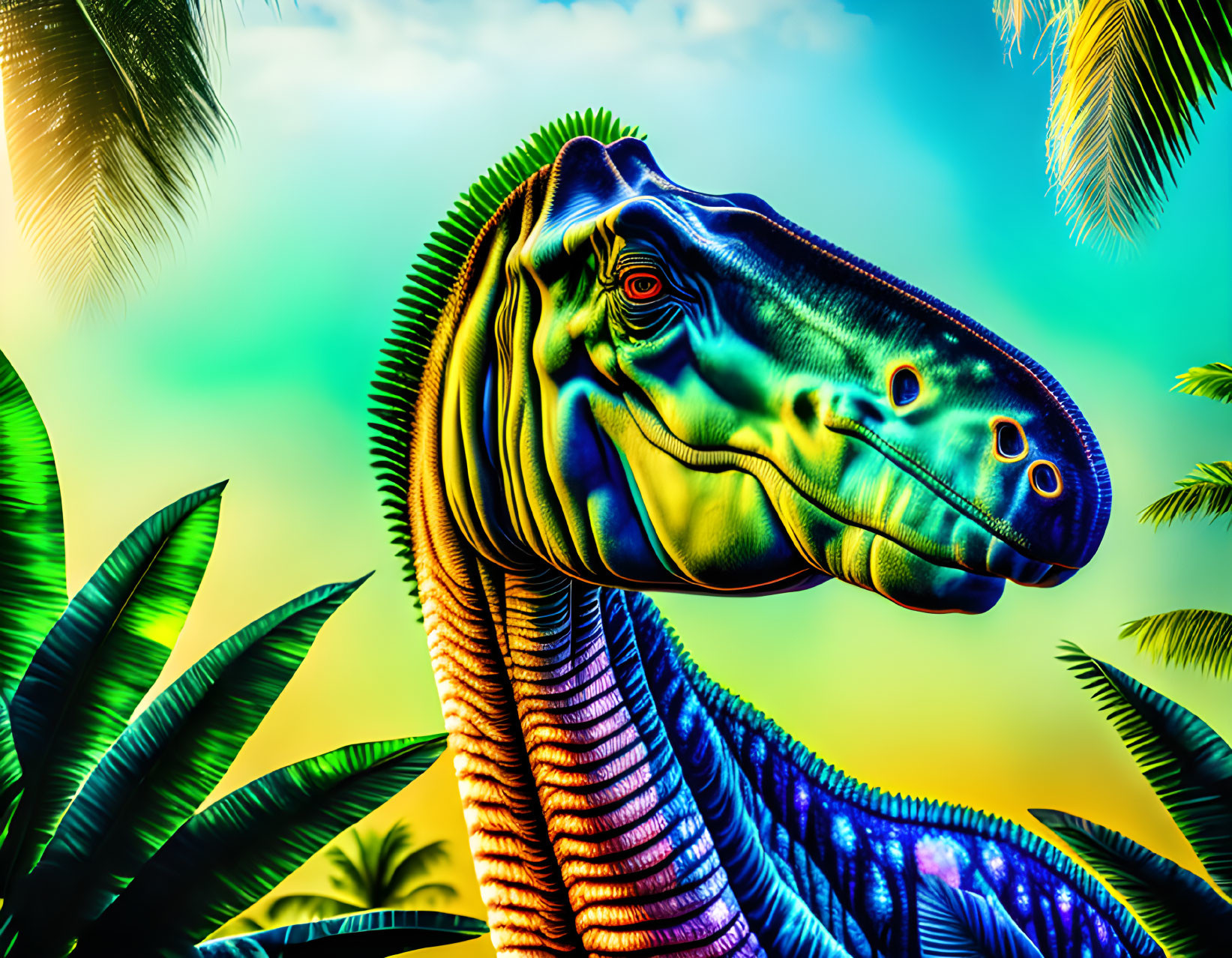 Colorful Dinosaur Head Artwork in Tropical Setting