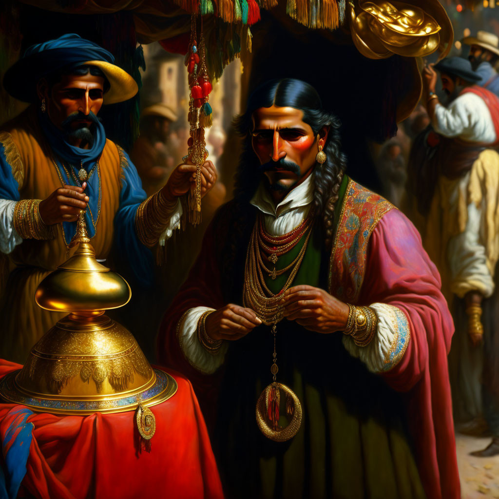 Traditional Middle Eastern Attire Man Examining Jewelry at Market