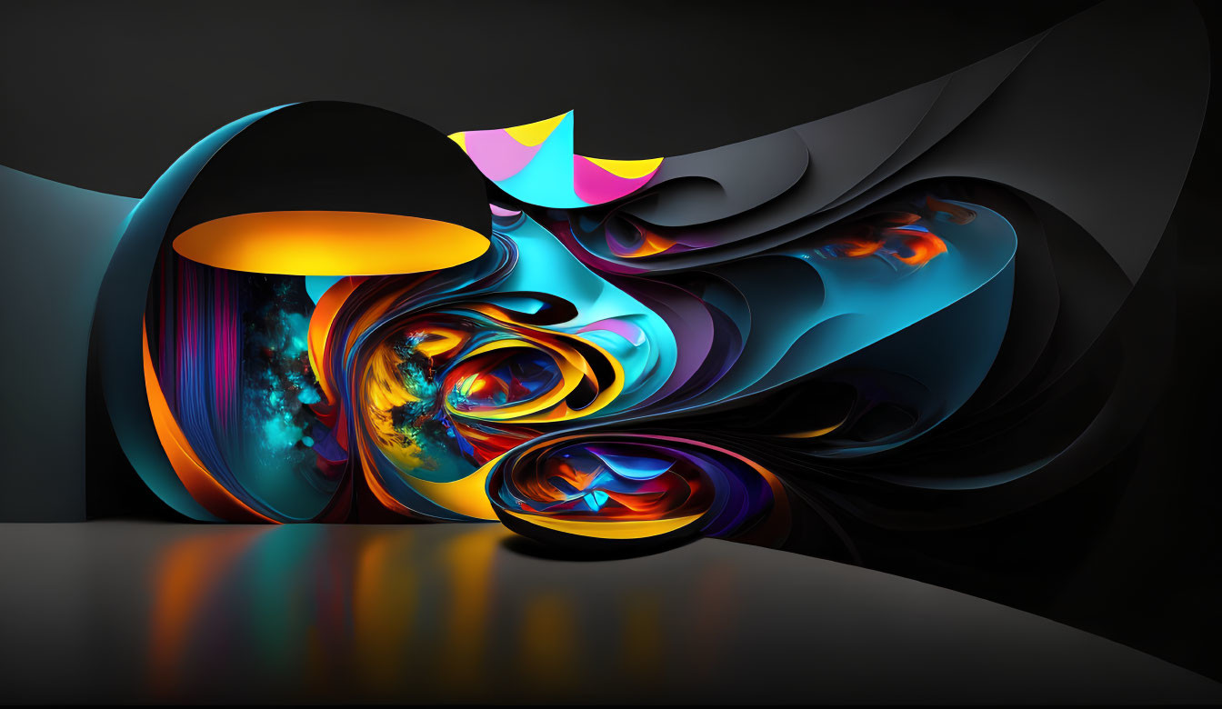 Colorful Abstract Digital Art with Swirling Shapes in Blue, Orange, and Neon Hues