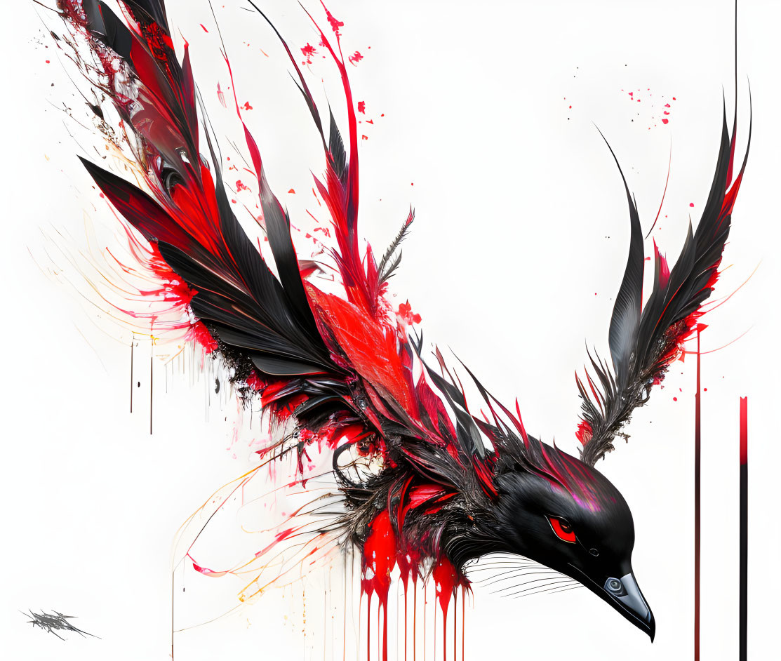 Stylized black bird with red accents in dynamic digital artwork