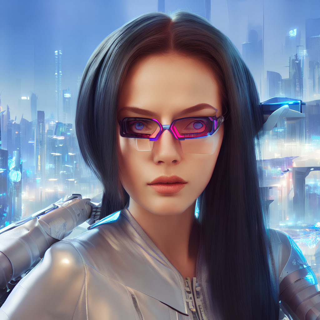 Digital artwork: Woman with long hair in futuristic sunglasses, cyberpunk cityscape