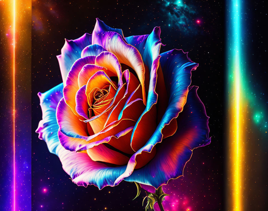 Multicolored galaxy background with vibrant digitally enhanced rose