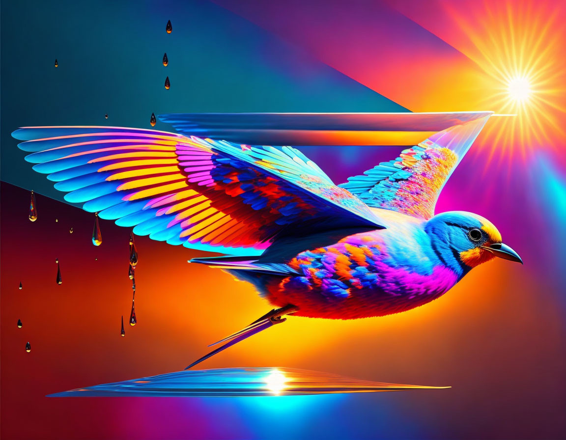 Colorful digital artwork: Blue bird in flight with vibrant wings, surreal background.