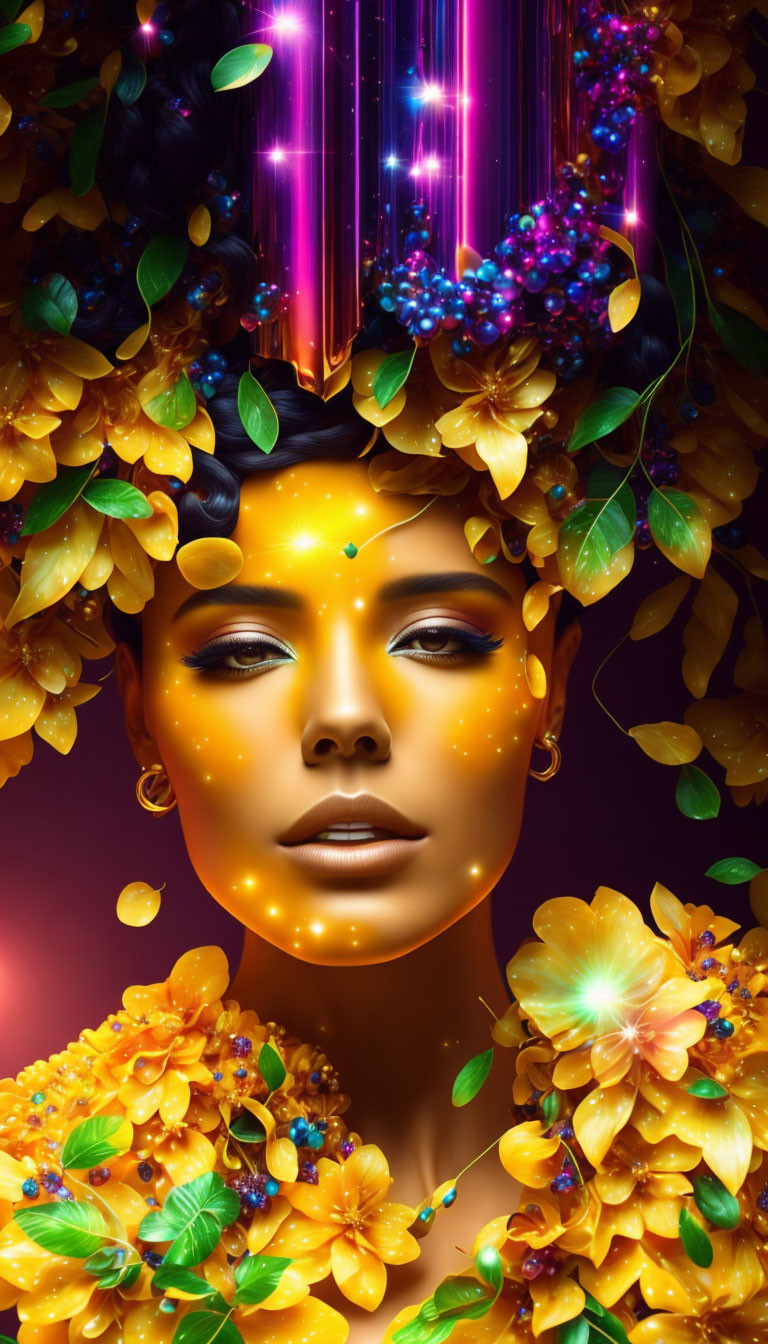 Digital artwork: Woman's face with golden skin, yellow flowers, and neon pink light beams