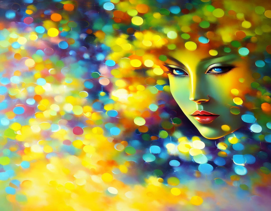 Colorful surreal portrait of woman's face with bokeh lights and gradient hues