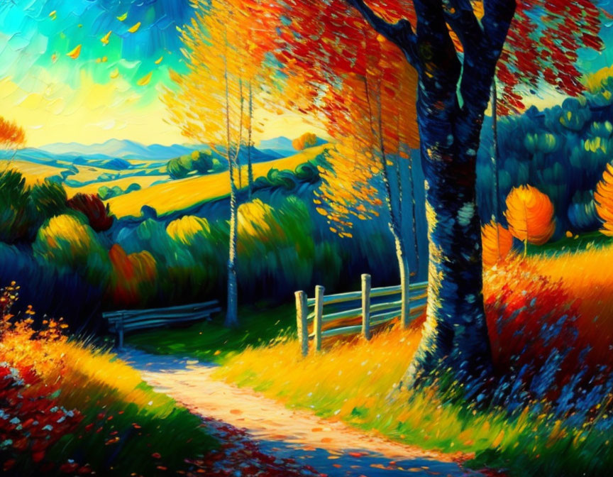 Colorful autumn rural path painting with fiery trees and rolling hills