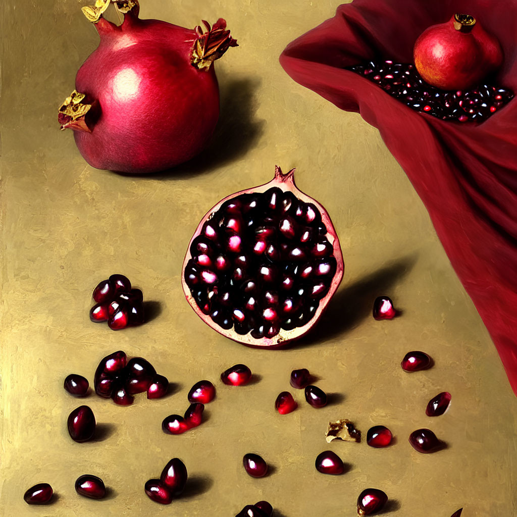 Still Life: Pomegranates on Gold Surface with Red Background