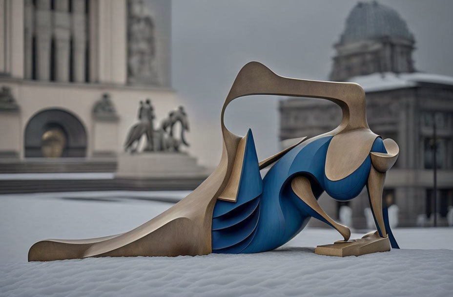 Bronze and blue abstract sculpture in snow-covered setting