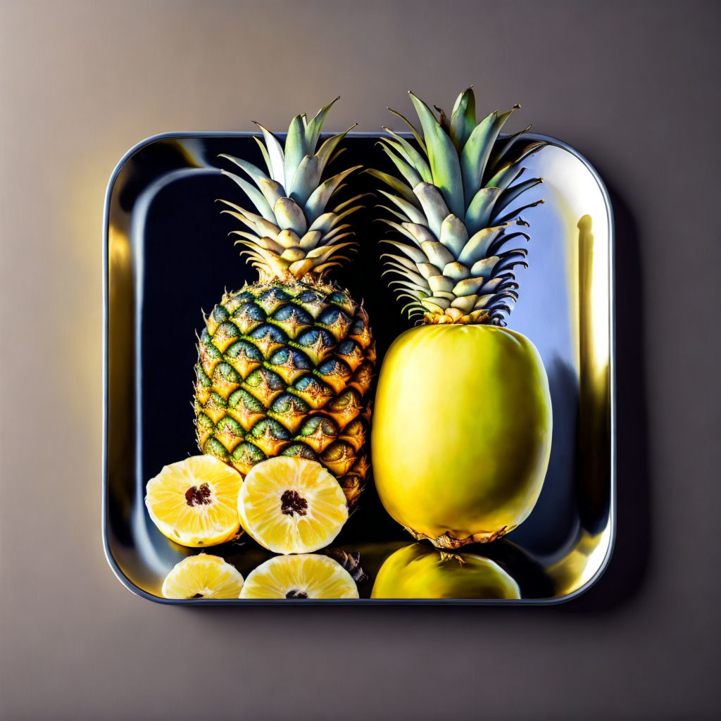 Tray with pineapple, mango, and sliced lemons on dark background