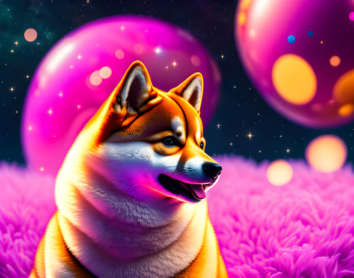 Colorful Shiba Inu digital art with cosmic background