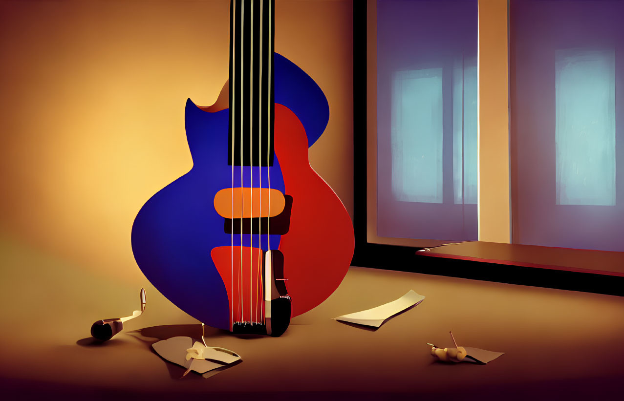 Blue and Red Electric Guitar Against Sunset Wall with Musical Sheets