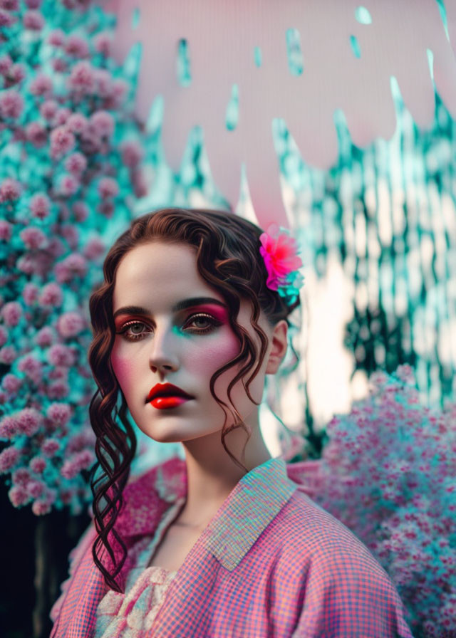 Bold Makeup Woman in Pink Flowers and Teal Streaks