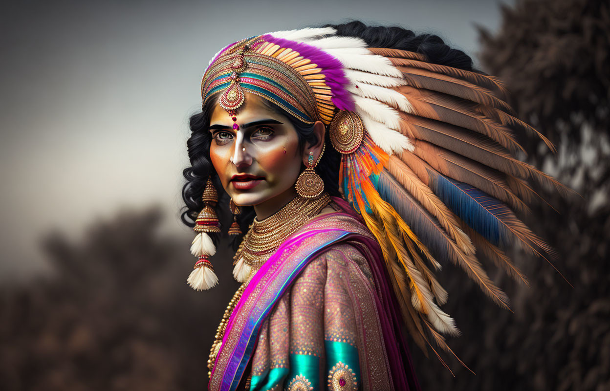 Traditional Indian attire and makeup with multicolored feather headdress