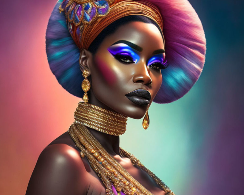 Digital art portrait of woman with peacock makeup, headpiece, gold jewelry, vibrant background, dramatic