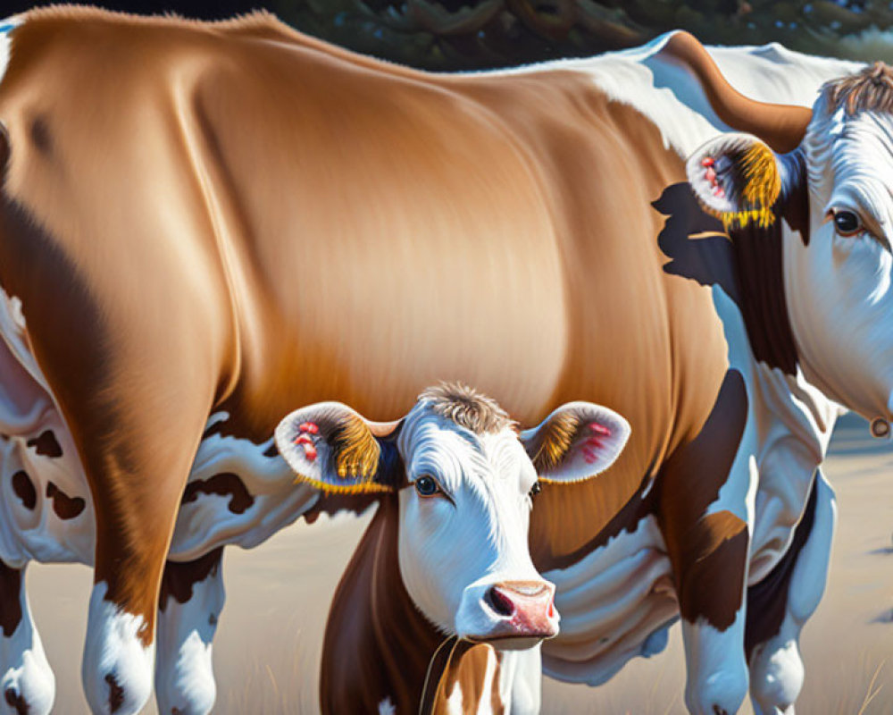 Realistic brown and white cows in sunlight with dark background