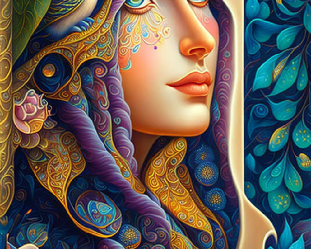 Colorful artwork featuring woman with blue floral and paisley motifs and stylized cat.