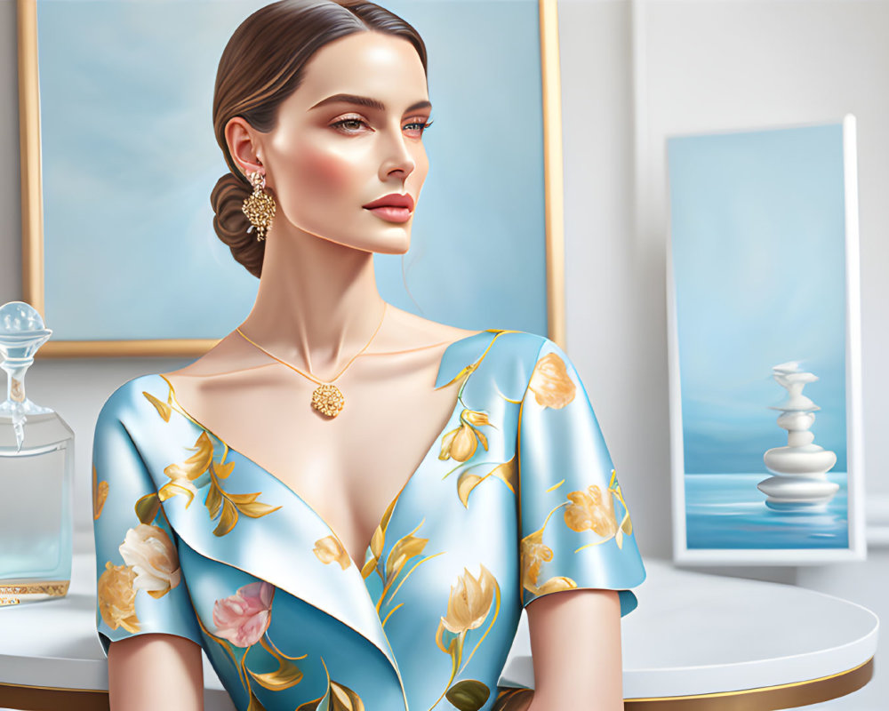 Illustrated woman in blue floral dress with gold accessories near table with perfume bottle and abstract sculpture.