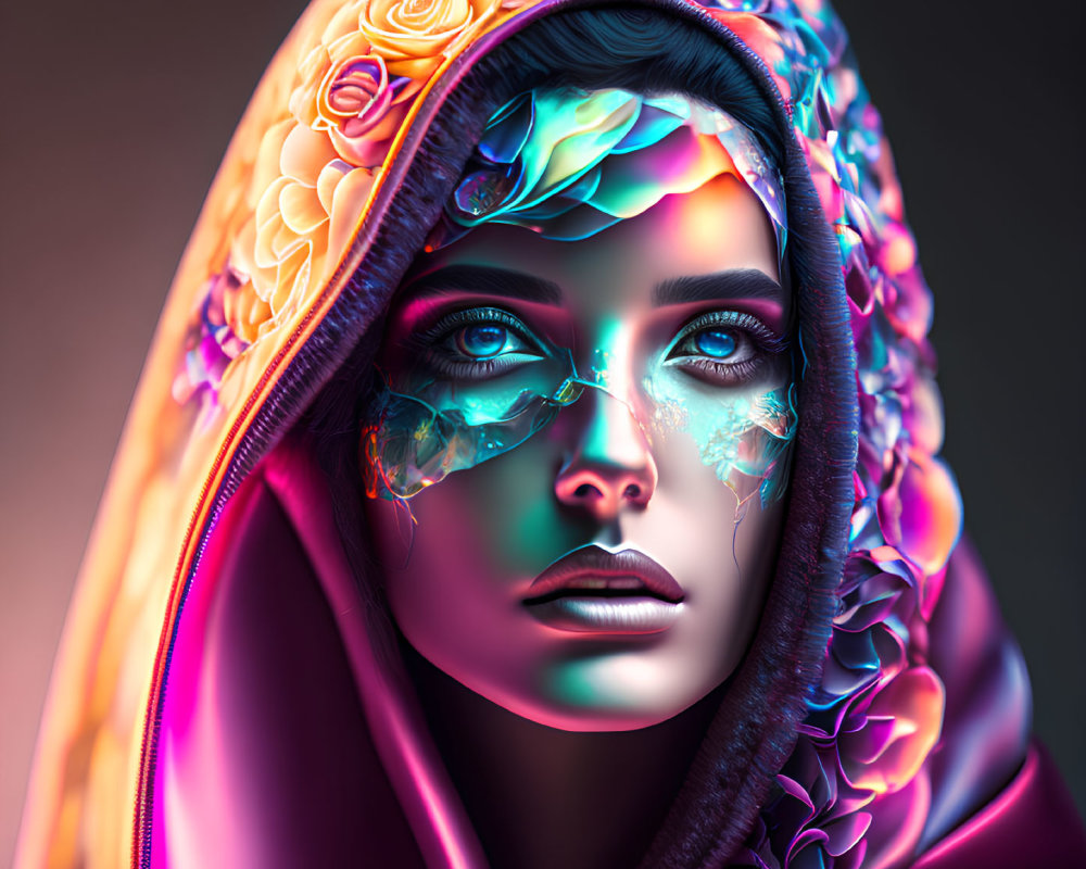 Digital Artwork: Woman with Vibrant Glowing Eyes and Colorful Rose-Patterned Hood