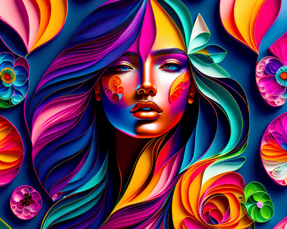 Colorful digital artwork: stylized woman's face with flowing hair and abstract floral patterns on blue background