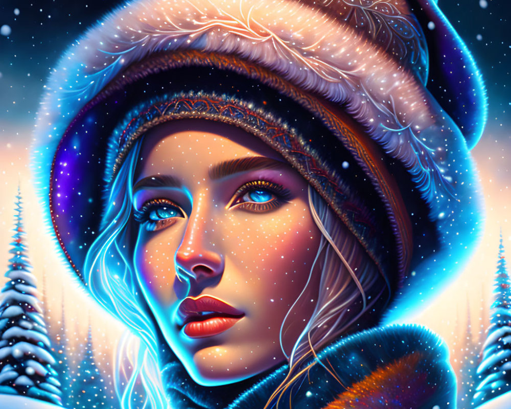 Vibrant digital portrait of woman in winter attire with snowflakes, starry night sky,