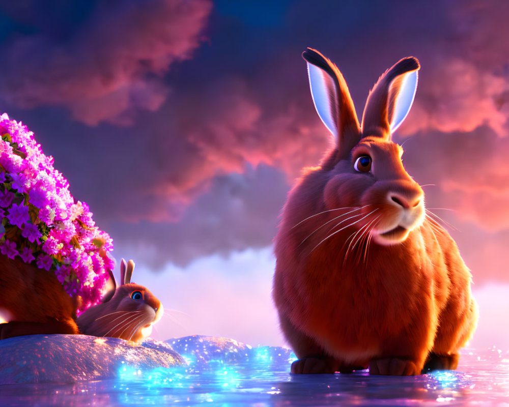 Two rabbits with purple flowers under vibrant sunset sky