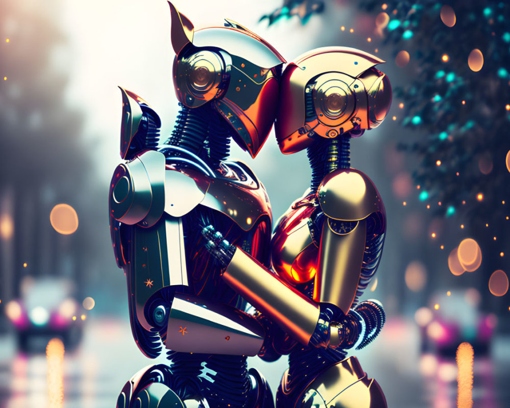 Futuristic robots embracing in cityscape with bokeh lights