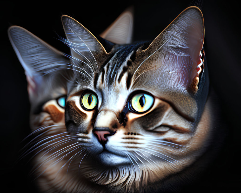 Striking Yellow-Eyed Tabby Cats with Prominent Whiskers on Dark Background