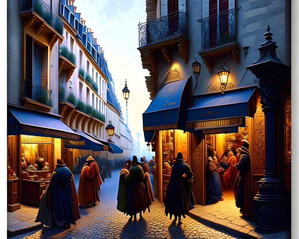 Vibrant Dusk Street Scene with Cloaked Figures and Warmly Lit Shops